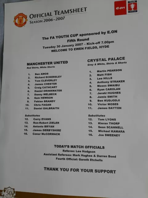 MANCHESTER UNITED v Crystal Palace 30.1.2007 FA YOUTH CUP  ~5th Round