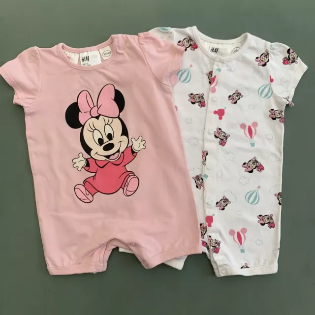 Cute Pair Of Disney Baby Girls H&M Minnie Mouse Rompers Babygrows 2-4 Months