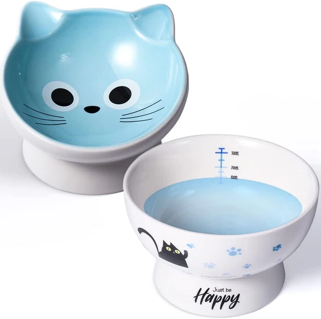 Ceramic Cat Bowls Set of 2 Raised Cat Food Bowls for Indoor Cats Cute Cat Bowl