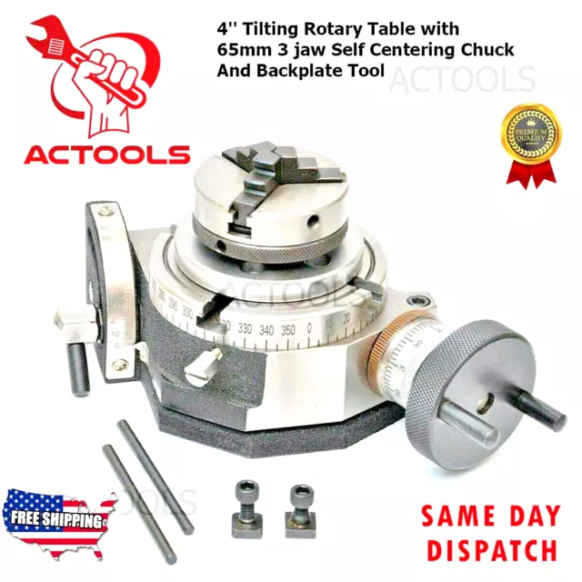 Tilting Rotary Table 4'' with 65mm 3 jaw Self Centering Chuck And Backplate Tool