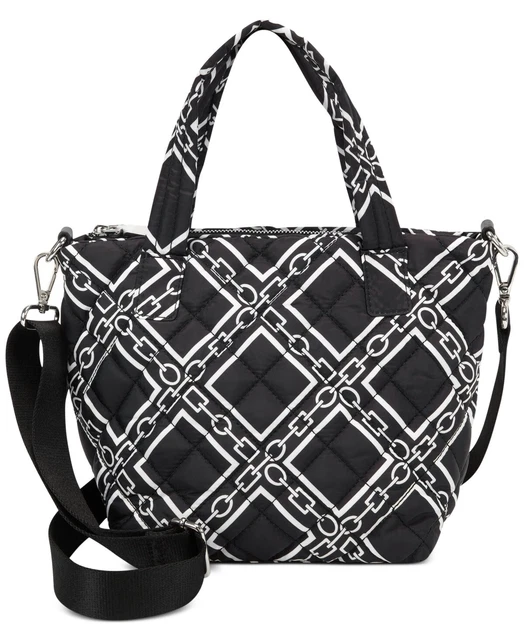 INC Small Breeah Quilted Tote Crossbody Black White Chain Print Nylon Zip NWT