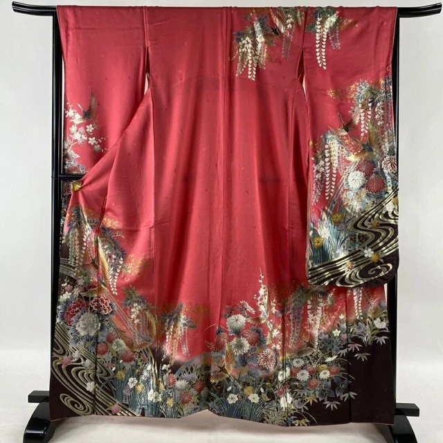 Woman Japanese Kimono Furisode Silk Crane Flower Gold Silver Foil Pink