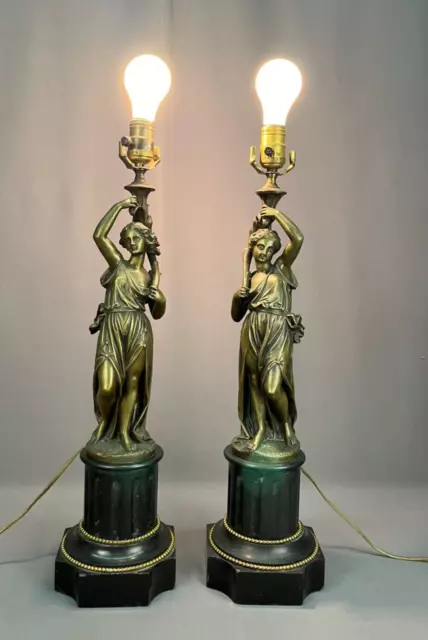 Pair 19th Century French Neoclassical Figural Bronze and Marble 24" Table Lamps 2