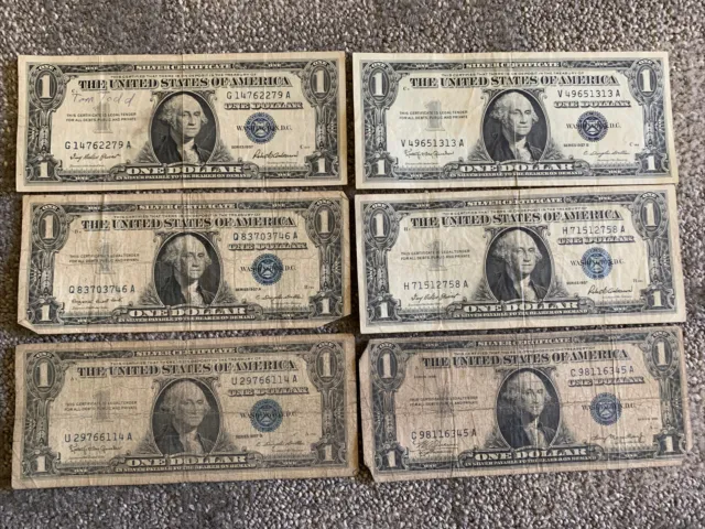 Lot of 6 US One (1) Dollar Bills Silver Certificates 1935 & 1957 Circulated