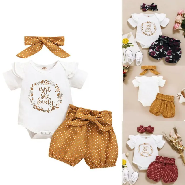 Children Baby Girls Summer Ruffles Print Bodysuit Romper+ Shorts Outfits