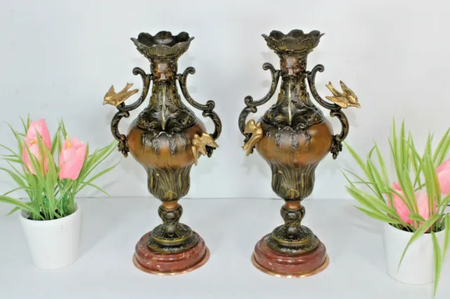 Antique pair Spelter bronze marble urns vases birds satyr head