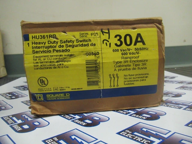 SQUARE D HU361RB, Series F, 30 Amp, 600 Volt, 3PH3W, NEMA 3R, Disconnect - NEW-B