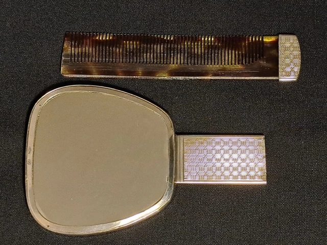 Specchio a mano in argento 800, vintage, con pettine a scomparsa