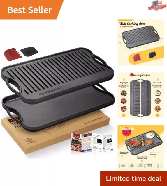 Heavy-Duty Reversible Cast Iron Grill Pan - Versatile - Convenient Handles