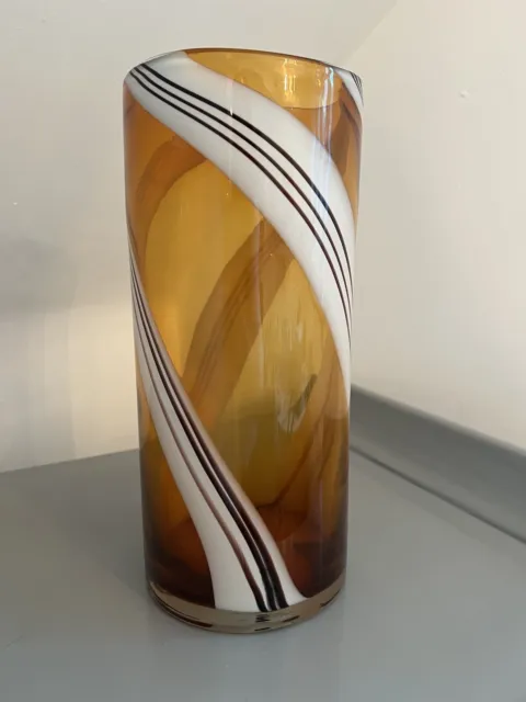 HUGE Hand Blown Art Glass Vase Amber White Black Stripe Tall Large Cylinder 30cm