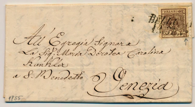 LOMBARDEI-VENETIEN 1855 30C, Randdruck! Brief (Inhalt) BELLUNO nach VENEZIA.
