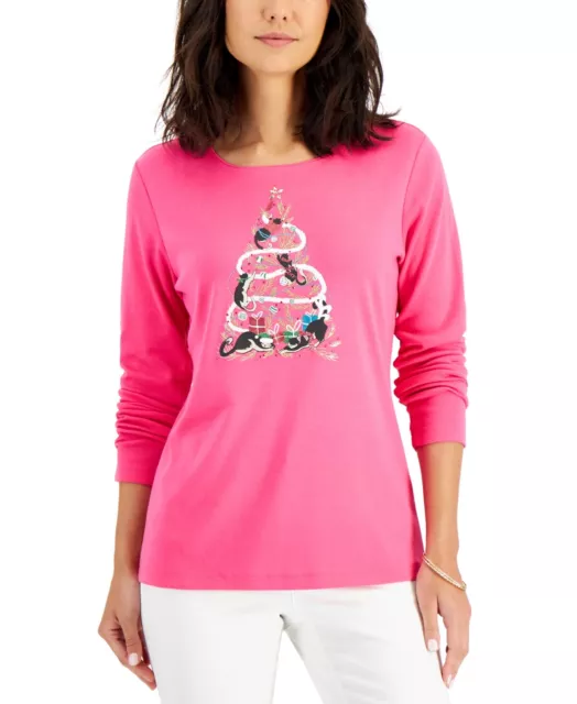 MSRP $37 Karen Scott Climbing Kitties Holiday Top Pink Size Small (DEFECT)