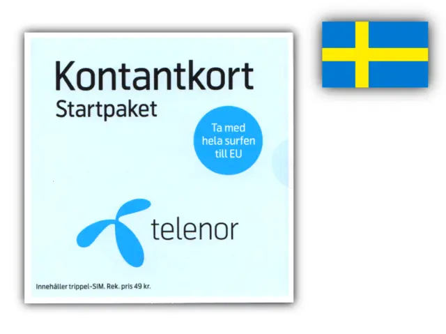 Telenor prepaid Swedish SIM card tripple cut SIM card with +46 phone number