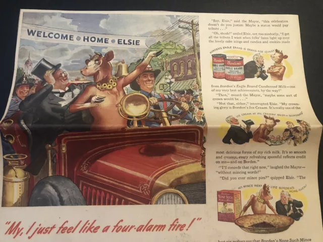 1940’s Borden’s Milk Elsie The Cow & Town Mayor Colored Newspaper Print Ad 2