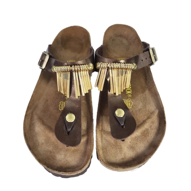 Birkenstock Womens Gizeh Metallic Fringe Sandals US 9 Brown Gold Birko-Flor Shoe