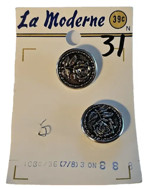 La Moderne Metal Rose Buttons On Card New Old Stock VTG NOS 2 Button