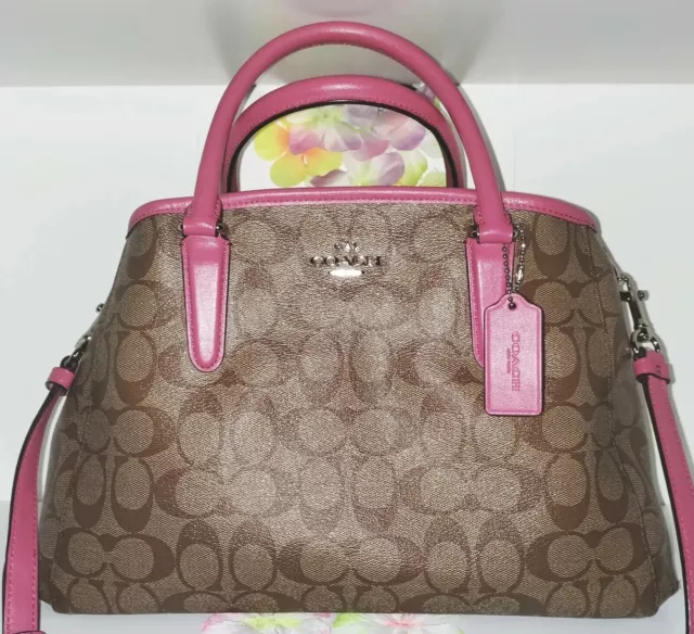 Auth💥EUC💥Coach F58310 Signature Small Margot Carryall Khaki/Magenta MSRP $395