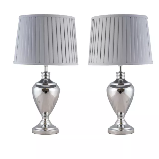 Pair of Large Contemporary 58cm Table Lamps Polished Chrome Grey Pleated Shades