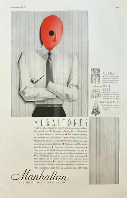 1940 Manhattan Mens Dress Shirt Vintage Ad Muraltones Pajamas Handkerchiefs