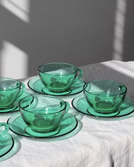 Arcoroc France ~ Set of 4 Green Glass Cups & Saucers ~ Tea / Coffee