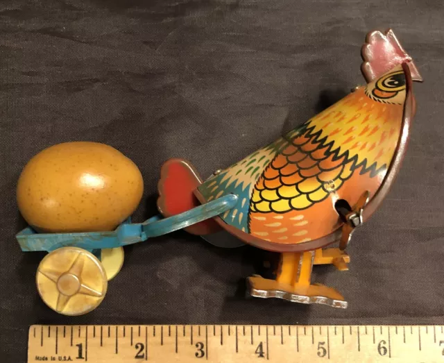 Vintage Tin & Plastic Wind-Up Toy Rooster with Egg in Cart
