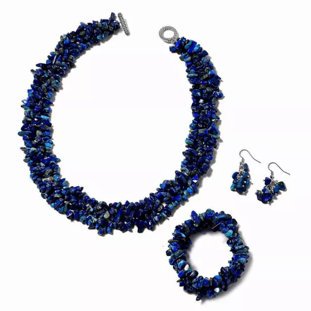 Jewelry Set Lapis Lazuli Chips Stretch Bracelet Earrings Necklace Oxidized 18"