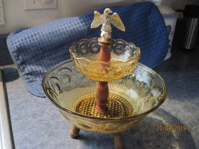 Vintage Amber Footed Double Bowl Centerpiece w/Eagle Topper