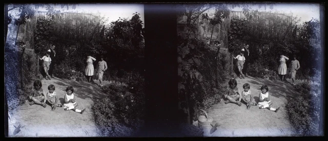 France Famille c1935 Photo NEGATIVE Stereo Plaque verre Vintage V36L2n2