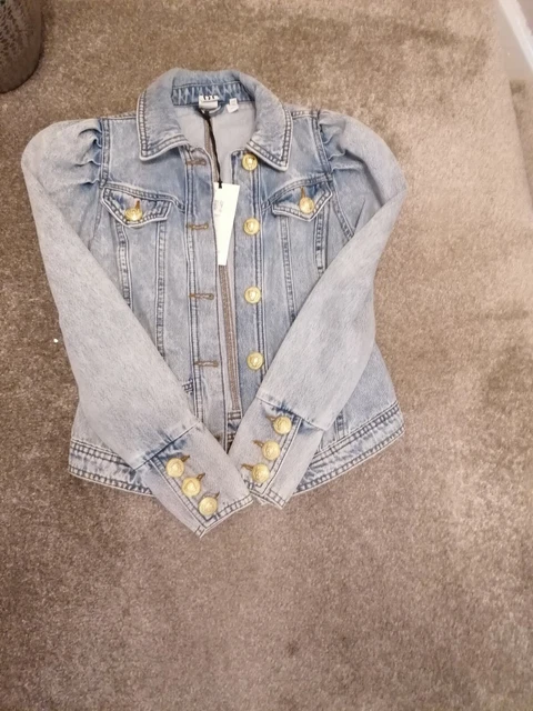 River island blue long best sale puff sleeve denim jacket