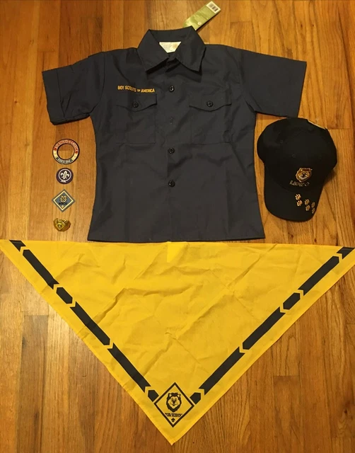 NWT-Cub Scout BSA Uniform Shirt Size Youth Small, Neckerchief, Slide, Lion Hat