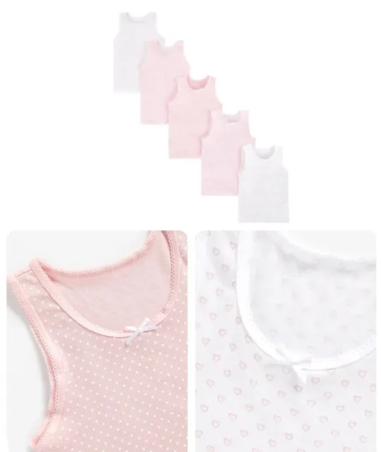 Girls 5 Pack Pink Mix Vests Mothercare 100% Cotton Spotty Heart Sleeveless NEW