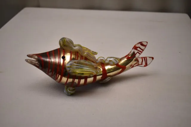 Vintage Grand Murano Verre Poisson, Italie Environ 1970 Doré avec Rouge Doublure 2