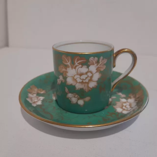 Antique Crown Staffordshire Demitasse Cup and Saucer- Green & Gold Floral Design