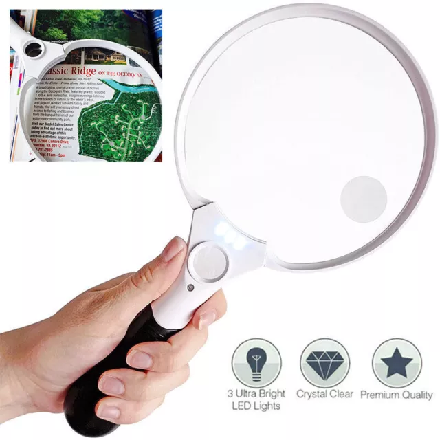 2x Extra Large Reading Magnifying Glass With 3 LED Light 2/4/25 Magnifying Lens