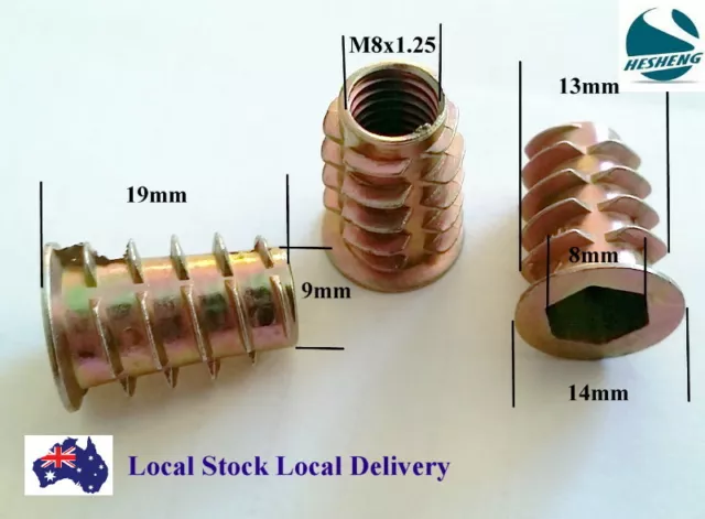 Qty 100 M8 19mm Wood Timber Threaded Flange Insert Zinc Alloy Inserts Allen Nuts