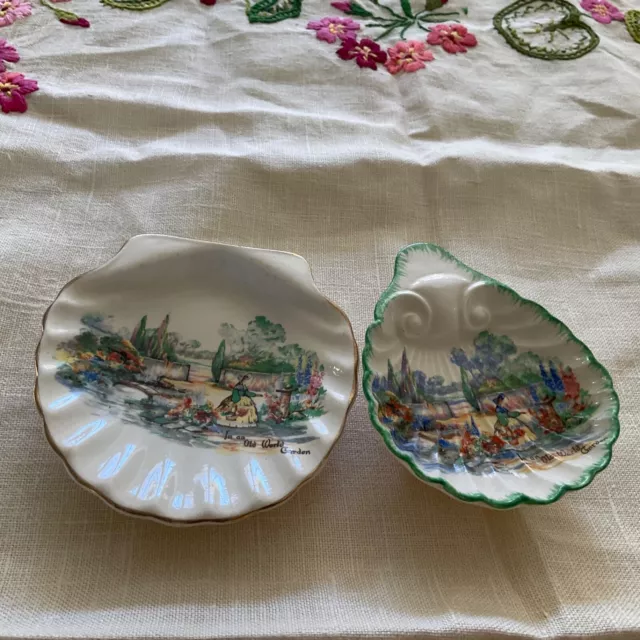 Vintage Lancaster & Sandland 2 shell dishes, crinoline lady, olde world garden