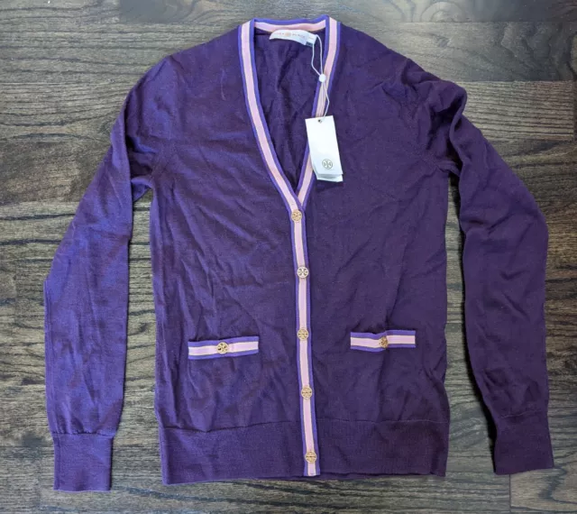Womens Tory Burch Color Block Madeline Sweater Cardigan Dark Purple/Pink Sz XS