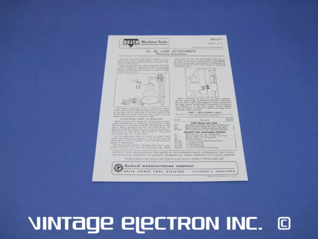 DELTA ROCKWELL MILWAUKEE 882 Retirement Lamp INSTRUCTIONS - 1947 (Quality Copy)