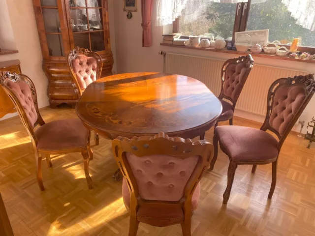 Antik Massiv Tisch Nußbaum mit Intarsien und 4 Barocke Stühle sehr gut