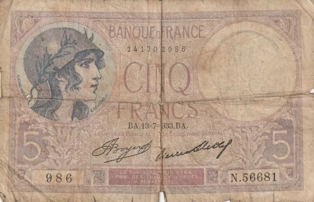 Cinq 5 Francs Frankreich France 1933 violett Banknote Geldschein