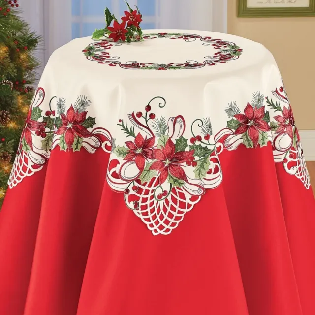 Pretty Embroidered Poinsettia & Berries Christmas Polyester Square Tablecloth