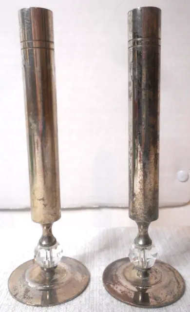 Tarnished Silver Plate Pillar Tube Candlesticks Holders Glass Bead Accent 5 1/2"