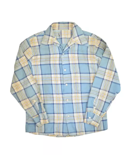 Vintage Loop Collar Flannel Shirt Mens M Plaid Blue Rockabilly Long Sleeve 70s