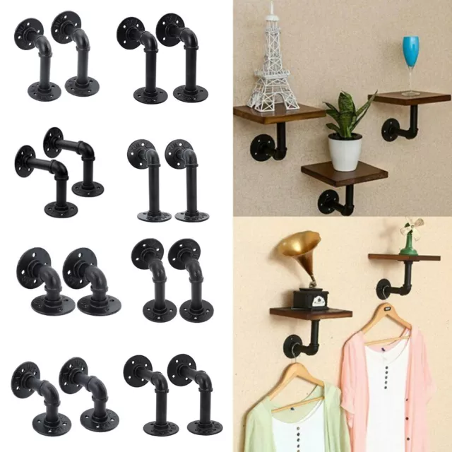 2x Industrial Iron Pipe Shelf Bracket Hardware Support Rustic Hanging Wall Mount