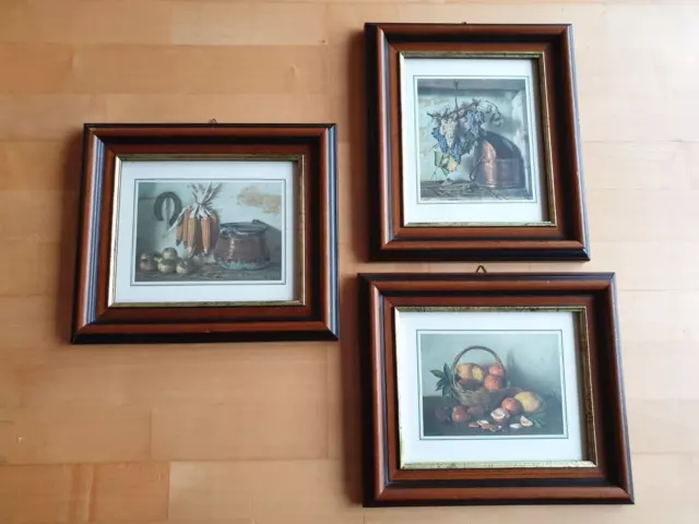 3 Stück Vintage Wandbild Kunstdruck Bild Obst & Gemüse mit Holzrahmen