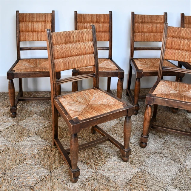 6 x Mid Century French Oak Rush Seat Dining Kitchen Hall Side Table Chairs