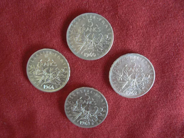 Lot de 4 Pièces de monnaies françaises 5 Francs la semeuse 1960 1962 1963 1964