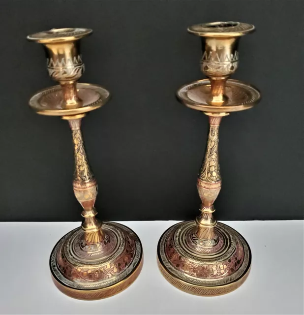 VTG. two signed engraved Brass Candlesticks Taper Candle Holders. FREE SHIPPING