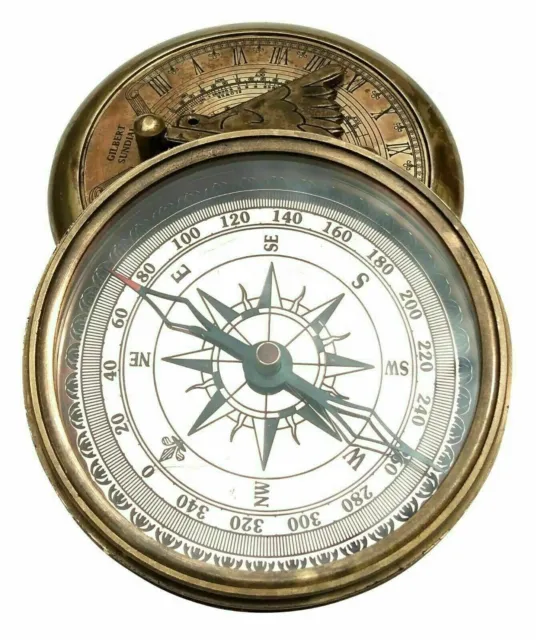 Antique Brass Compass With Timer Reader Calendar Nautical Hiking Camping Compas