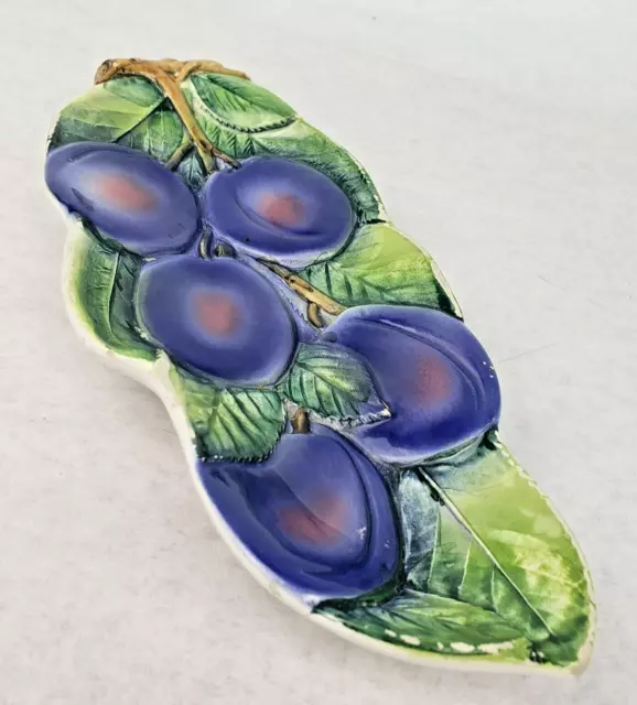 Vintage Italian Pottery Majolica Hand Painted Olive Dish #6923 Purple Plums